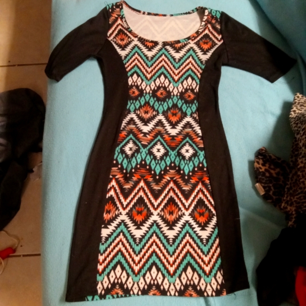 Xsmall bodycon Native American mini dress 3/4 sleeve black teal orange white